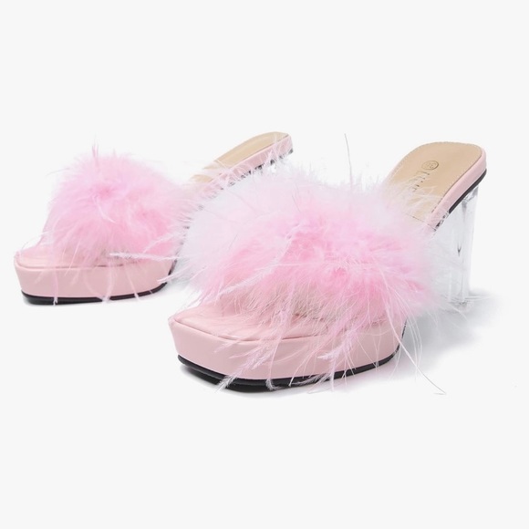 Amazon square toe platform chunky heel mule sandals with pink feather detail - Picture 1 of 7
